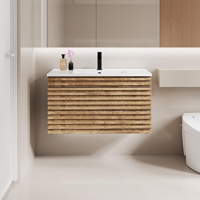 LUCKWIND 36" Floating Bathroom Vanity with Sink, Mid-Century Wall Mounted Big Drawer Cabinet with Large Sink, Water Saving Faucet and Wood Stripes Style, Oak