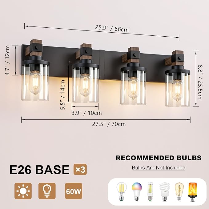 Farmhouse Bathroom Vanity Light Fixture, 4 Light Black Wood Over Mirror | Matte Black Metal & Wood with Clear Glass Shade, 4 Ligh Vanity Light Fixture Over Mirror for Farmhouse Industrial Bathroom