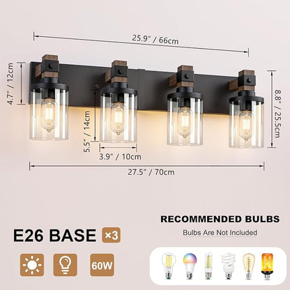 Farmhouse Bathroom Vanity Light Fixture, 4 Light Black Wood Over Mirror | Matte Black Metal & Wood with Clear Glass Shade, 4 Ligh Vanity Light Fixture Over Mirror for Farmhouse Industrial Bathroom