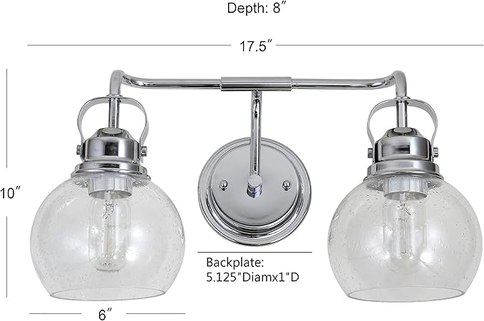 JONATHAN Y 17.5" Chrome Shirley 2-Light Bathroom Vanity Light, Metal Wall Sconce, Clear Seeded Glass Shade, Modern Transitional Farmhouse Fixture, LED Bulbs Included JYL7404A
