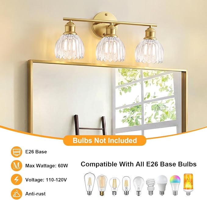 Bathroom Light Fixtures, 3-Light Brushed Gold Vanity Lights for Bathroom with Clear Tulip Glass Shade, 20" Vintage Bathroom Vanity Lighting Fixtures Over Mirror for Bedroom Living Room Hallway
