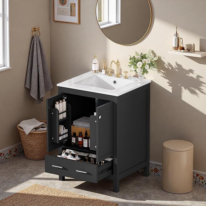 24" Freestanding Bathroom Vanity with Sink, Floor Stand Bathroom Storage Cabinet with Ceramic Sink, Doors with Double-Layered Storage Shelves, Modern Compact Vanity with Divided Drawer, Black