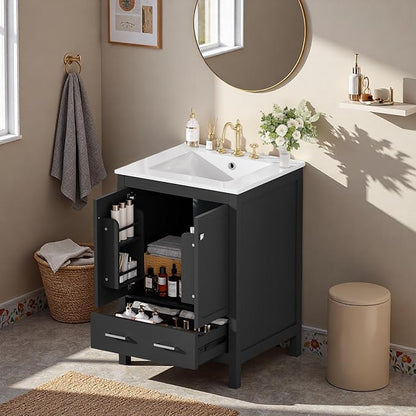 24" Freestanding Bathroom Vanity with Sink, Floor Stand Bathroom Storage Cabinet with Ceramic Sink, Doors with Double-Layered Storage Shelves, Modern Compact Vanity with Divided Drawer, Black