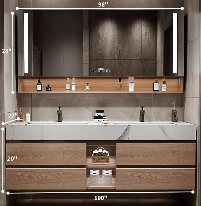 Double Sink Bathroom Vanities, 100IN Bathroom Vanity Cabinet Include LED Smart Defogging Mirror and Open Shelf, Solid Wood Bathroom Sink Vanity with Integrated Sink and Drawers Storage (Wood)