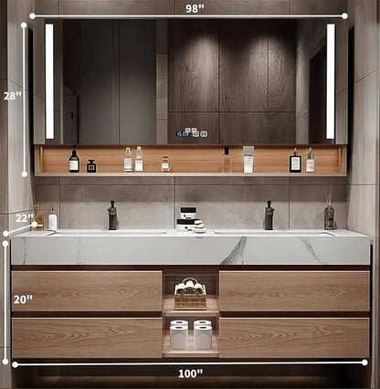 Double Sink Bathroom Vanities, 100IN Bathroom Vanity Cabinet Include LED Smart Defogging Mirror and Open Shelf, Solid Wood Bathroom Sink Vanity with Integrated Sink and Drawers Storage (Wood)