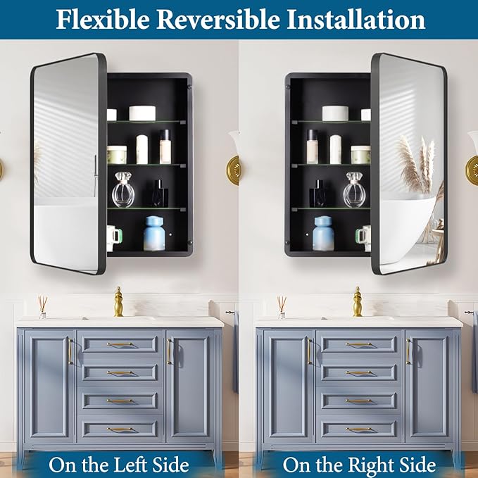 20’’x30’’ Medicine Cabinet,Metal Framed Medicine Cabinet Mirror with Round Corner,Recessed and Surface Mount Bathroom Mirror with Storage, Removeable Shelves,Dark Gray Frame
