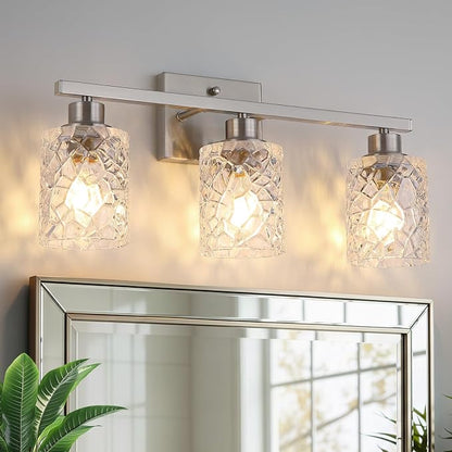 Mecgirn Stainless Steel Bathroom Vanity Light Over Mirror, 3 Light Brushed Nickel Bathroom Light Fixtures with Textured Glass Shades, Ceramic E26 Sockets Wall Mounted
