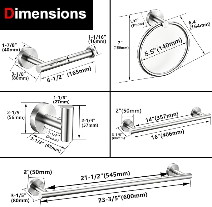 6 Pieces Brushed Nickel Bathroom Hardware Accessories Set Hand Towel Ring 16&23.6 inch Round Towel Bar Silver Toilet Paper Holder Towel Hooks 2 Pieces SUS 304 Stainless Steel,Heavy Duty,Wall Mounted