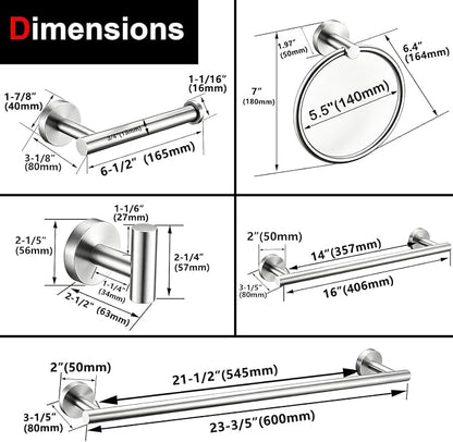 6 Pieces Brushed Nickel Bathroom Hardware Accessories Set Hand Towel Ring 16&23.6 inch Round Towel Bar Silver Toilet Paper Holder Towel Hooks 2 Pieces SUS 304 Stainless Steel,Heavy Duty,Wall Mounted