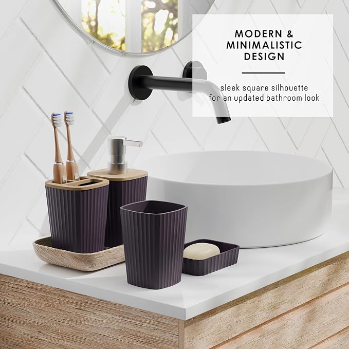Clara Clark Bathroom Set - Purple Bathroom Accessories Set, 6PC Bathroom Accessory Set, Bathroom Sets with Bathroom Rugs, Toilet Brush, Trash Can & Soap Dispenser