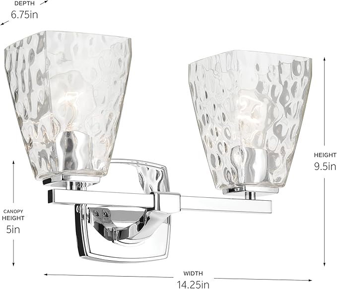 Kichler Marant 14.25" 2-Light Vanity Light with Clear Water Glass in Chrome, for Bathroom, Powder Room, Over a Mirror, (14.25" W x 9.5" H), 55215CHWTR