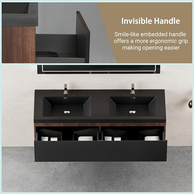 Wall Mounted Bathroom Sink Vanity, Modern 60" Floating Vanity with 2 Resin Top Basins and 2 U-Shaped Soft-Close Storage Drawers, Striped Bathroom Storage Cabinet with Invisible Handle, Black