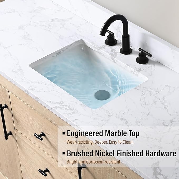 Vanity Art 60" Bathroom Vanity with Sink, Vanity Cabinet with Doors and Shelf, Modern Wood Bathroom Vanity with White Marble Top, Solid Wood Frame, 3 Functioning Drawers,VA70-60-SLW-E
