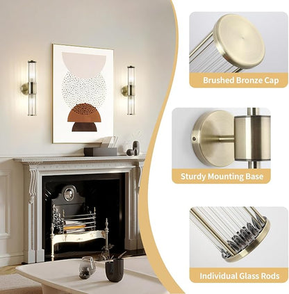 Modern Vanity Light Fixture, Brushed Bronze Wall Sconce with Glass Rod Shades, 2-Light Bathroom Mirror Lighting for Bronze Bathroom Light Fixture & Makeup Application (Bulbs Not Included)