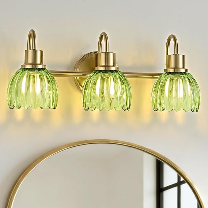 Gold Bathroom Light Fixtures, 20 Inch Vintage Vanity Lights for Bathroom, 3-Light Modern Vanity Lights with Ribbed Green Tulip Glass Shade, Wall Lamp for Mirror Living Room Hallway