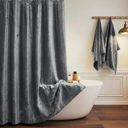 TAMGHO Crushed Velvet Shower Curtain, Grey, 72" x 72” | Coordinating Gold Grommets and Hooks, Machine Washable, Water Repellent