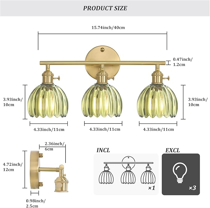 Bathroom Light Fixtures, 3-Light Brass Vanity wall Light Over Mirror with Green Tulip Glass Shade for Bedroom Living Room (Bulb Not Included)