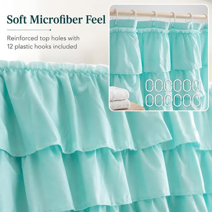 Teal Ruffle Shower Curtain, Elegant Boho Bathroom Decor, Extra Long Textured Fabric, Rustic Farmhouse Style, Chic Girly Aqua Curtains, Privacy & Decorative Design, 72 x 72 inch