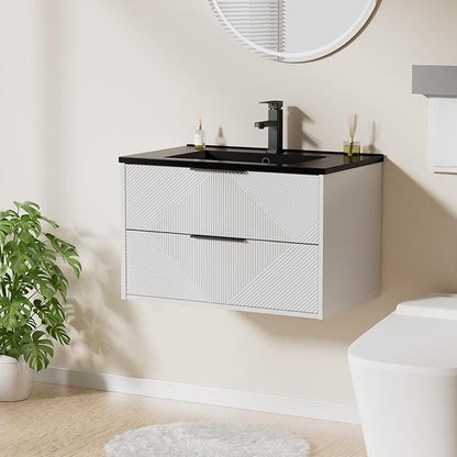 LUCKWIND 30" Floating Bathroom Vanity with Black Sink Combo, Wall Mounted Floating Cabinet with 2 Large Soft-Close Drawers & Water Saving Faucet, Geometric Textured Design in White