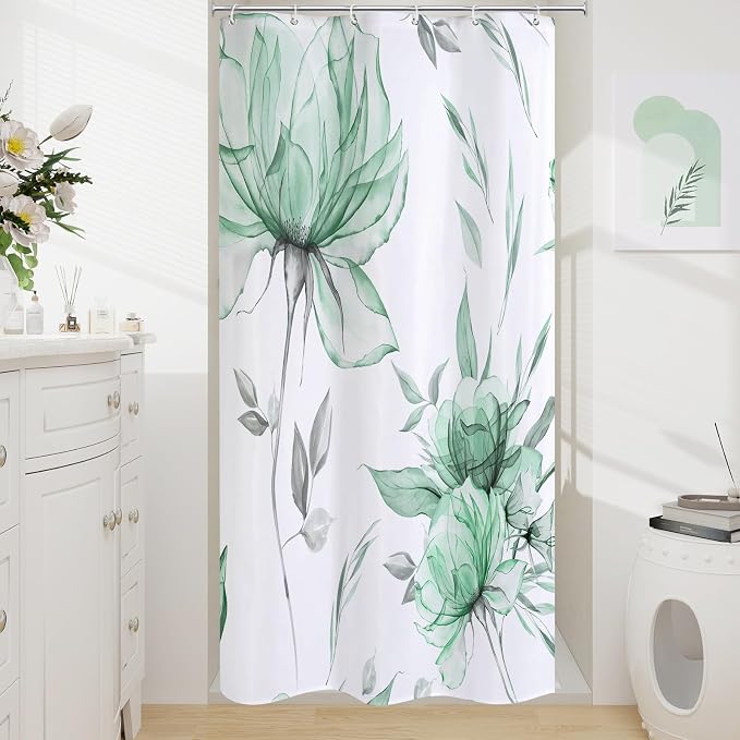 Litabel Small Stall Boho Watercolor Floral Shower Curtain 36 x 72, Mint Green Ink Painting Style Flower Shower Curtains for Chic Elegant Bathroom, Artistic Narrow Half Size Shower Curtain