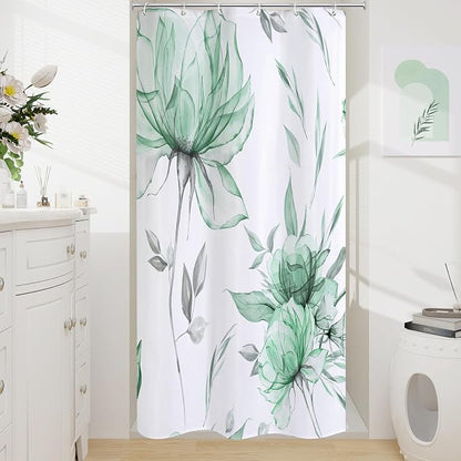 Litabel Small Stall Boho Watercolor Floral Shower Curtain 36 x 72, Mint Green Ink Painting Style Flower Shower Curtains for Chic Elegant Bathroom, Artistic Narrow Half Size Shower Curtain