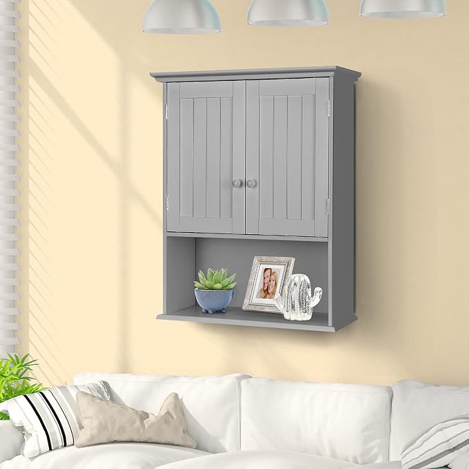 COSTWAY Wall Mounted Bathroom Cabinet, Over the Toilet Storage Cabinet | Double Doors & Adjustable Shelf, Wood Hanging Medicine Cabinet for Living Room, Entryway, Kitchen (Gray)