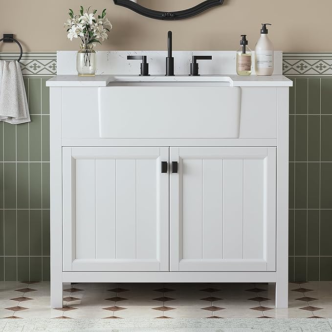 36 Inch Bathroom Vanity with Sink, Farmhouse Single Sink Bathroom Vanity with Adjustable Feet, Bathroom Storage Cabinet with Soft Closing Doors, Apron Farm Sink, White