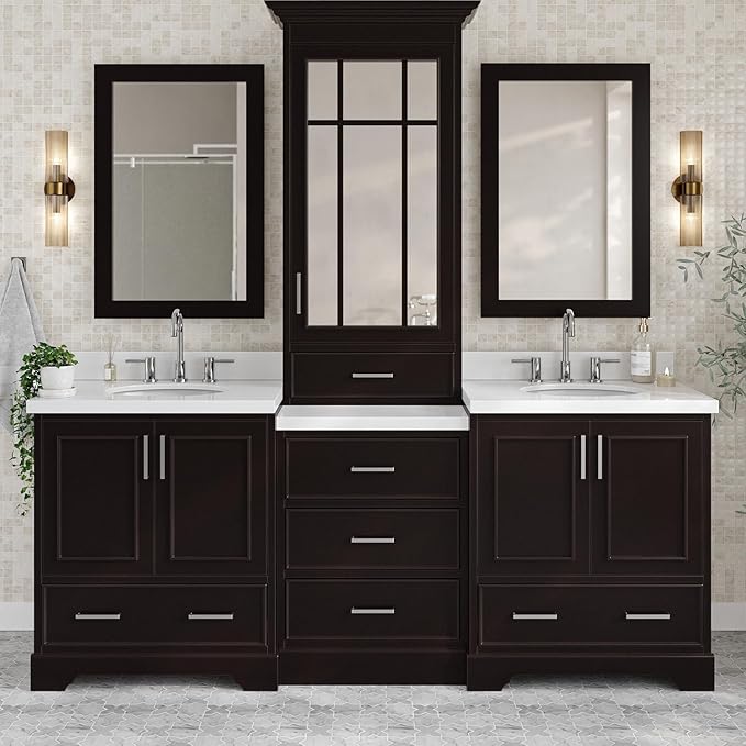 ARIEL Stafford 84-inch Bathroom Vanity with Sink,Solid Wood, 1.5in Pure White Quartz Countertop & Backsplash, Double Oval Porcelain Sink, 4 Soft Closing Doors, 5 Dovetail Drawers, Espresso