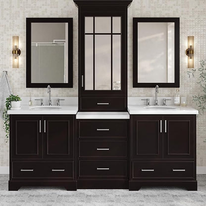 ARIEL Stafford 84-inch Bathroom Vanity with Sink,Solid Wood, 1.5in Pure White Quartz Countertop & Backsplash, Double Oval Porcelain Sink, 4 Soft Closing Doors, 5 Dovetail Drawers, Espresso