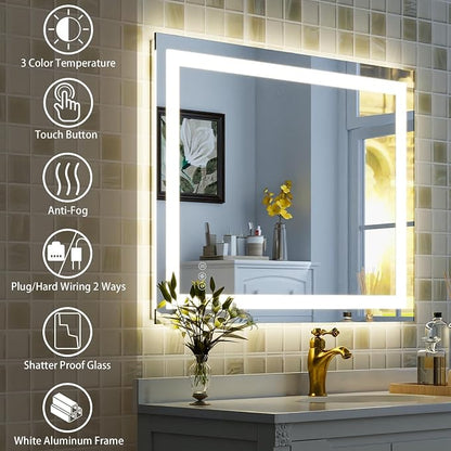 XRAMFY 32''X24'' LED Bathroom Mirror, Wall Mirror with Lights | Wall Mirror with Front and Backlight, 3 Colors Vanity Mirror with Lights, Anti-Fog Wall Mirror for Bathroom