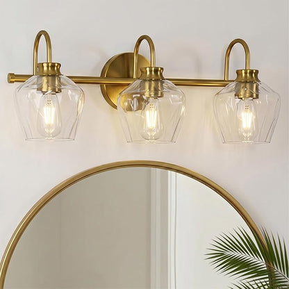 ANDY STAR Brushed Gold Vanity Light, 3 Light Bathroom Light Fixtures with Clear Diamond-Shape Hammered Glass, Brass Vintage Ripple Wall Lights for Hallway, Bedroom, Anti-Rust, E26 Base (No Bulbs)