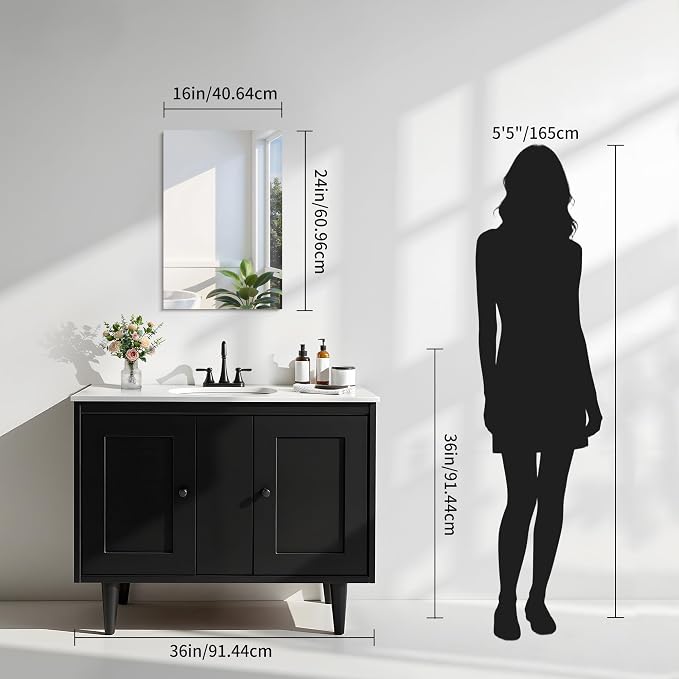 KOCUUY Frameless Mirror, 16"x24" Bathroom Mirror for Over Sink, 16 Inch Unframed Mirrors for Wall Upgraded Shatterproof Design, Modern Decorative for Bedroom, Living Room, Entryway