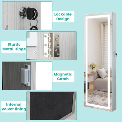 CHARMAID LED Mirror Jewelry Cabinet, 47.2'' Jewelry Armoire with Adjustable Lighted Full Length Mirror, Wall Mounted or Door Hanging, Lockable Jewelry Organizer Storage (Grayish White, 47.2''H)