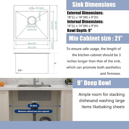 18x18 Inch Bar Sink Drop In Kitchen Sink, Topmount Stainless Steel Square Small Workstation Sinks, Single Bowl Kitchen Sinks for Laundry Wet Bar Prep RV Office Outdoor Yard
