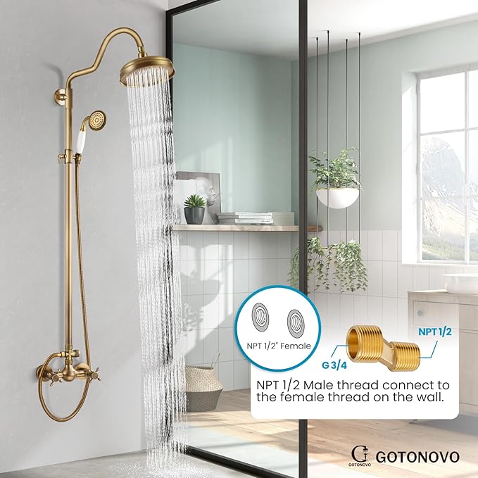 gotonovo Luxury Exposed Shower Faucet Set Bathroom Shower System 8 Inch Wall Mount Rainfall Shower Head with Handheld Spray Cross Double Handle Shower Fixture Adjustable Arc Rod Antique Brass