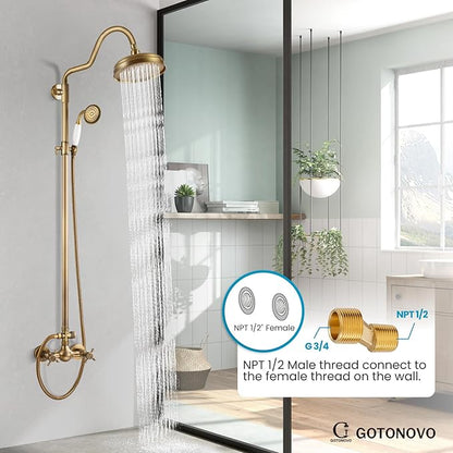 gotonovo Luxury Exposed Shower Faucet Set Bathroom Shower System 8 Inch Wall Mount Rainfall Shower Head with Handheld Spray Cross Double Handle Shower Fixture Adjustable Arc Rod Antique Brass