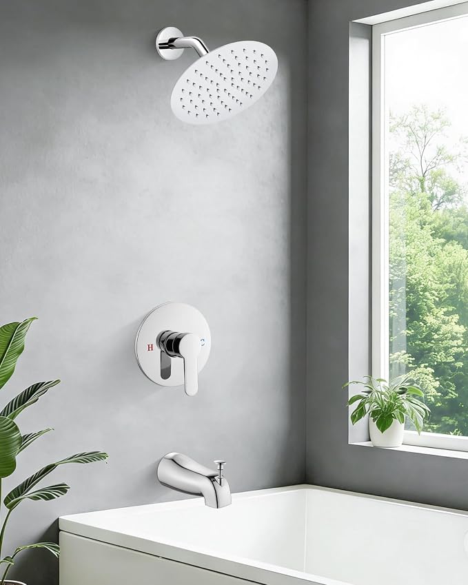 Airuida Shower Faucet Set with Tub Spout,8" Bathtub Faucet-Chrome Polish | Male Threads Rough-In Valve,Round Head Shower System,Tub and Shower Kit Set