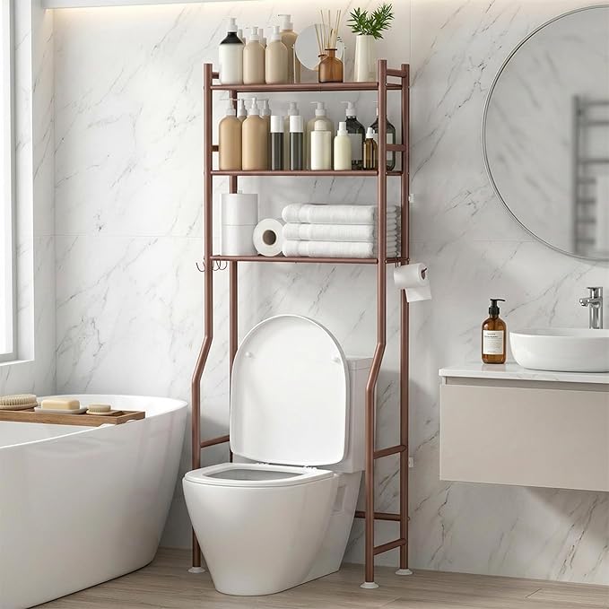 3-Tier Over Toilet Storage with Anti-Tilt Safety System - 150lb Total Capacity Metal Bathroom Shelves Including Paper Holder & 4 Hooks, Space Saving Above Commode Organizer (64" H, Bronze)