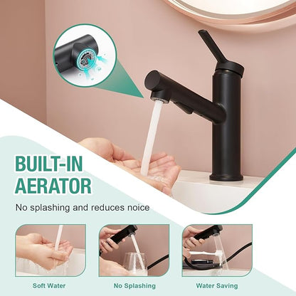 Faustina Matte Black Bathroom Faucet with Pull Out Sprayer, Bathroom Sink Faucet for Vanity or Laundry, Stainless Steel 1 Handle with Deck Plate for 1 or 3 Hole