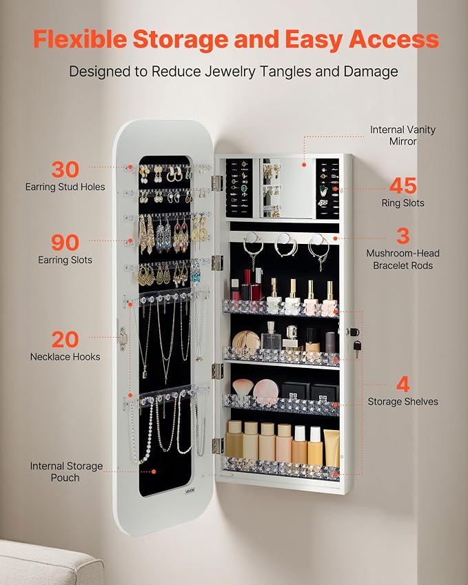 VEVOR LED Mirror Jewelry Cabinet, 42.5-inch Tall, Full-Length Mirror with Storage, Wall Mount/Over the Door Jewelry Armoire Organizer with Lights, Rounded Design, Lockable Door with 2 Keys, White