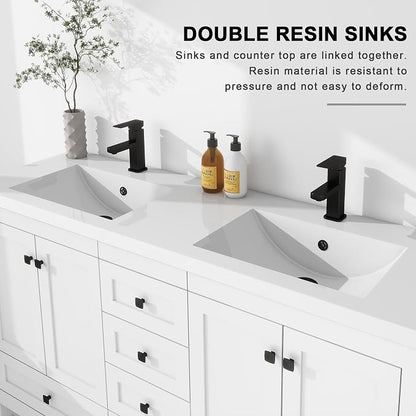 LUCKWIND 60" Bathroom Vanity and Sink Combos, Modern Bathroom Storage Painted Cabinet with Undercounter Resin Dual Sink Top, Matte Black Faucet and 6 Drawers, Mirror Not Included, White