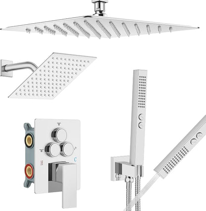 Aolemi Ceiling Shower Faucet Set System Dual Head 12&6 Inch Polish Chrome | 2 in 1 Handheld Spray,Shower Valve and Trim Kit,Push Button Diverter, 12"Top+6" Wall Rain Head,Bathroom Mixer for Couple
