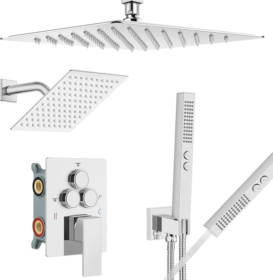 Aolemi Ceiling Shower Faucet Set System Dual Head 12&6 Inch Polish Chrome | 2 in 1 Handheld Spray,Shower Valve and Trim Kit,Push Button Diverter, 12"Top+6" Wall Rain Head,Bathroom Mixer for Couple