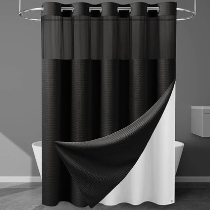 EUTXL Heavyweight No Hook Shower Curtain with Liner, Black,71x80 | Snap in Liner, 256GSM Thick Waffle Fabric, Hotel Luxury Spa, Corner Magnets, Quick Dry, Waterproof & Washable, Long Size