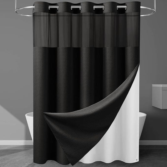 EUTXL Heavyweight No Hook Shower Curtain with Liner, Black,71x80 | Snap in Liner, 256GSM Thick Waffle Fabric, Hotel Luxury Spa, Corner Magnets, Quick Dry, Waterproof & Washable, Long Size