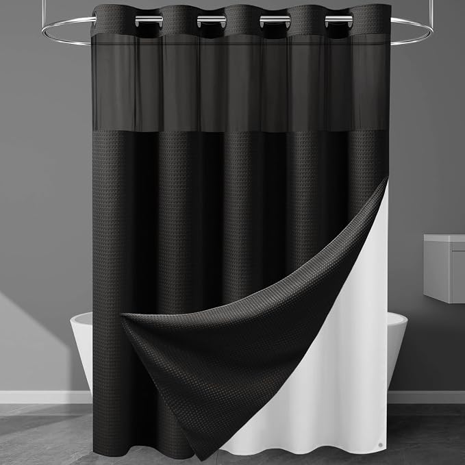 EUTXL 256GSM No Hook Waffle Weave Shower Curtain with Liner, 71x74, Black | Snap in Liner, Extra Thick, Heavy Drape, 3 in 1 Hotel Style Bath Curtain Set, Quick Dry, with Magnets, Waterproof & Washable