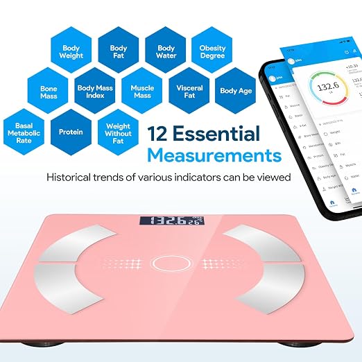 Digital Smart Scale for Body Weight and Body Composition – BMI, Body Fat, Muscle Mass Reading, Bluetooth Sync with Compatible Apps, Personal Use at Home【Pink】