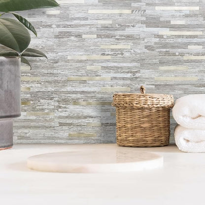 DICOFUN 1 Sheet Peel and Stick Backsplash Tile, Brown Birch Wood Look PVC Mixed Metal Gold Stick on Backsplash Tiles for Kitchen