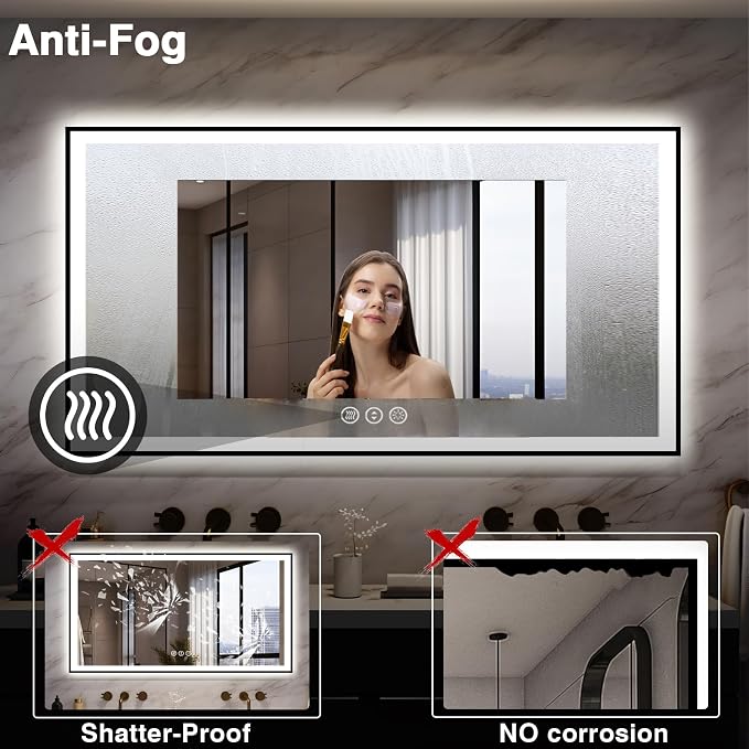 EchosLife 55x30 LED Bathroom Mirrors for Wall - Black Aluminum Framed | Black Frame, Front and Backlit, Anti-Fog, Stepless Dimmable, 3 Colors, Memory, Tempered Glass, UL Listed, Horizontal/Vertical