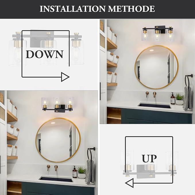 3-Light Black Gold Bathroom Vanity Light with Clear Glass Shades | Modern Bathroom Light Fixture, E26 Socket, Over Mirror Lighting for Bath Vanity Decor, High Quality Metal